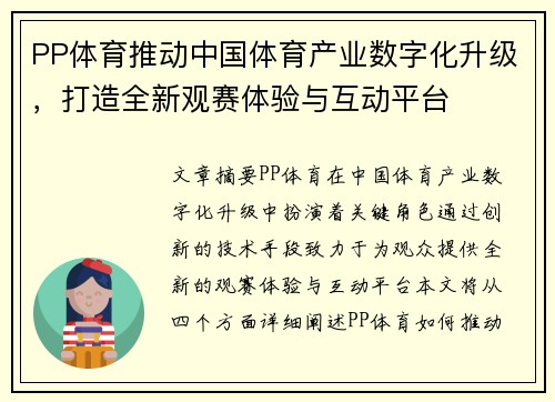 PP体育推动中国体育产业数字化升级，打造全新观赛体验与互动平台