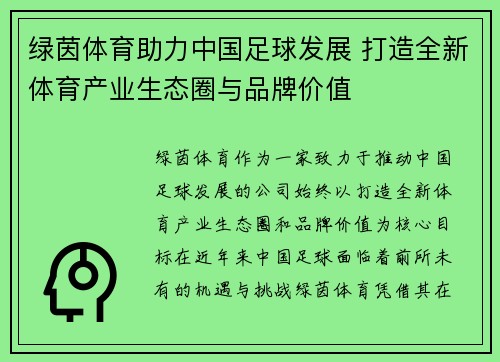 绿茵体育助力中国足球发展 打造全新体育产业生态圈与品牌价值